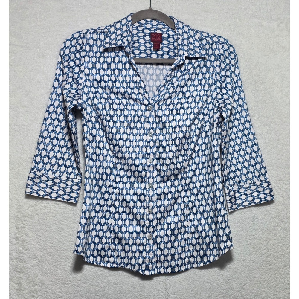 212 Collection Womens XS Blue White Geometric Chain Link 3/4 Sleeve Button Shirt